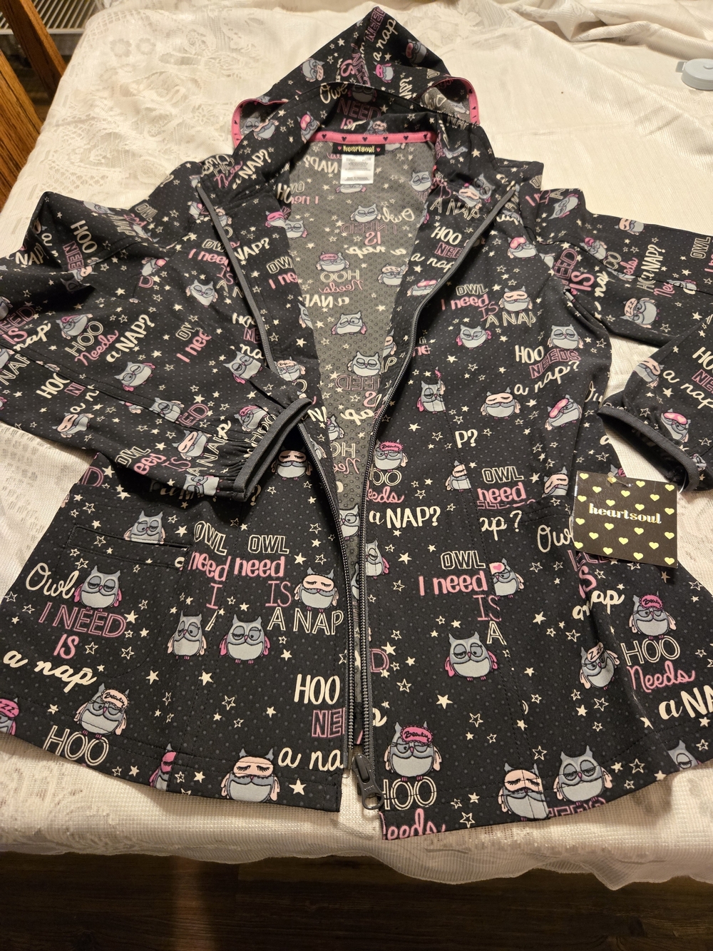 heartsoul Women's Black & Pink Owl Print Scrub Jacket
